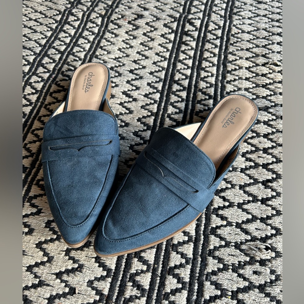 Loafer mules, blue suede. Size 9